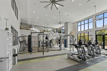 A gym with treadmills and weights in a building with large windows